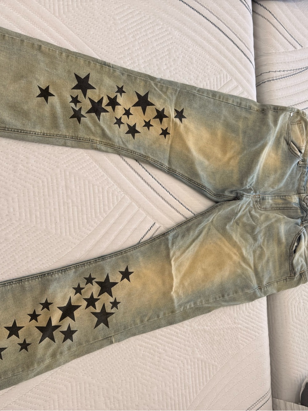 Men's Olive Green Skinny Jeans with Black Star Print